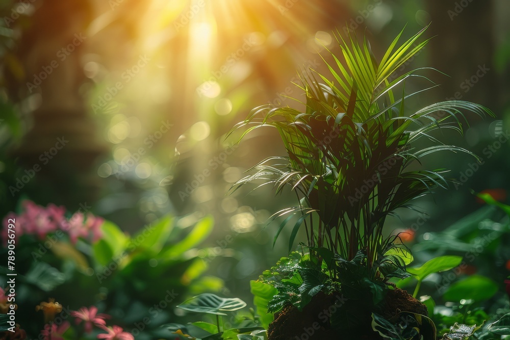A calming nature scene with the sun's rays breaking through the lush green leaves of a tropical plant