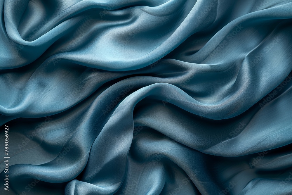 Luxurious satin fabric depicted in a soft wave pattern emphasizing its smoothness and rich blue shade Luxurious satin fabric depicted in a soft wave pattern emphasizing its smoothness and rich blue shade
