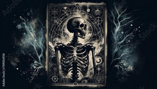 Skeletal Tarot Card with Mystical Symbols photo