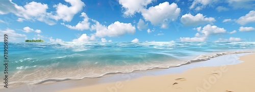 Sandy beach beneath a clear blue sky reflecting in the serene sea with floating clouds.