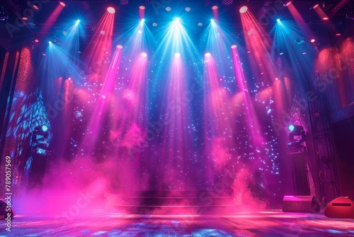 Illuminated empty concert stage with a vivid display of magenta and blue lights creating an atmosphere of anticipation and excitement