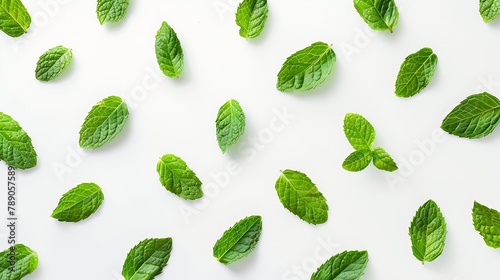 Mint leaves pattern isolated on white background  top view  flat lay : Generative AI photo