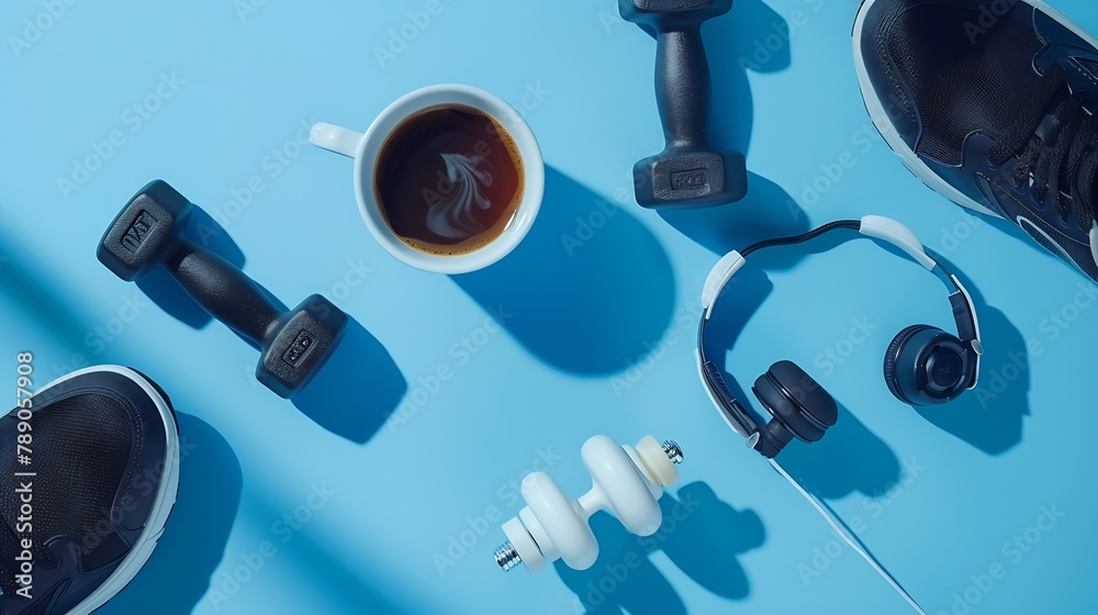 Sports flat lay with coffee dumbbells sneakers and earphones on blue background : Generative AI