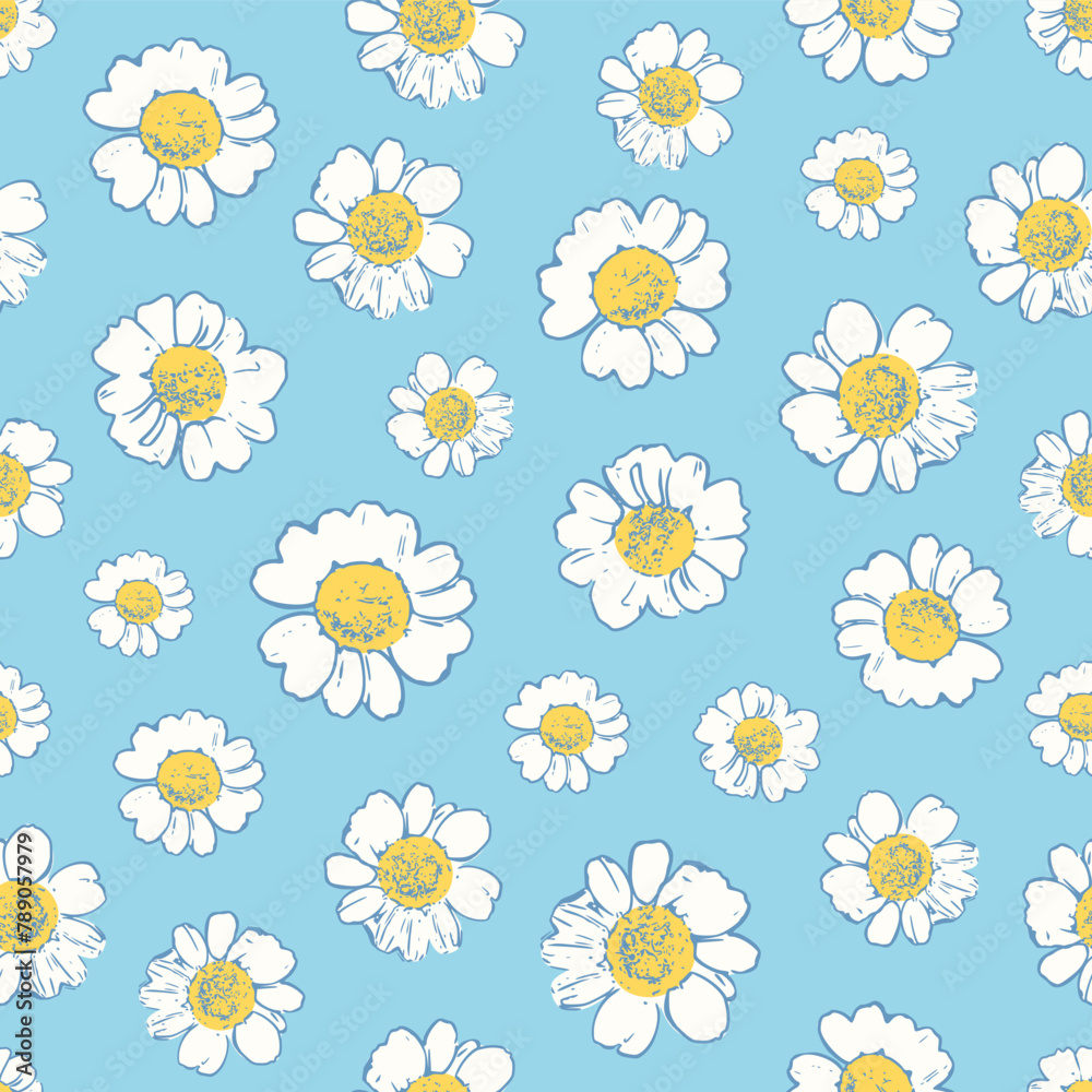 Vector illustration. Seamless pattern of delicate chamomile flowers on a blue background. Textile printing, fabric design, packaging, wrapping paper, children's wallpaper