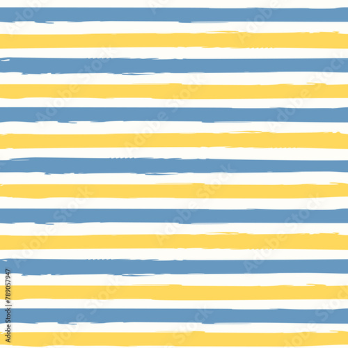 Vector illustration. Seamless pattern of yellow-dark blue horizontal stripes on a light milky white background. Textile printing, fabric design, packaging, wrapping paper, children's wallpaper