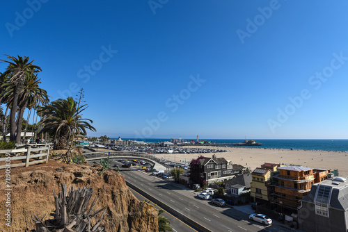 The Pacific Coast Highway, Santa Monica State Beach and Santa Monica Pier seen from Palisades Park - Los Angeles, California