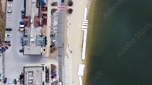 flyover of a small beach town in the midwest during winter (Pewaukee, WI) photo