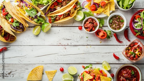 Capture the vibrant essence of Mexican cuisine with a delightful spread of tacos burritos nachos enchiladas tortilla soup and salad set against a charming white wood banner backdrop in a to