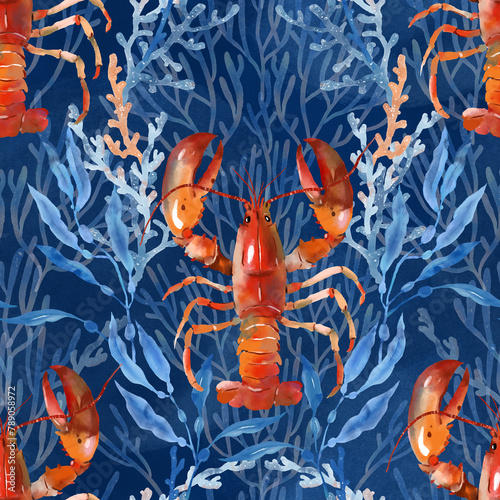 Seamless watercolor pattern with lobsters, blue algae, corals