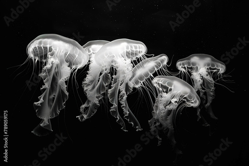 a group of moon jellyfish, full length body shot, high contrast portrait, black and white