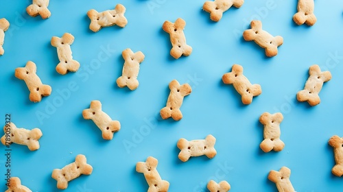 Dog biscuits scattered on a blue background A delicious treat for dogs with cereals Flat lay : Generative AI