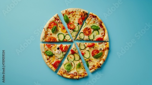 Top view with a sliced pizza primavera on a blue table Vegetarian pizza flat lay Sliced pizza isolated on a blue colored background : Generative AI
