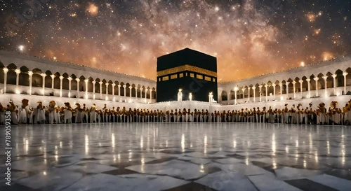 A Sacred Holy Place for Muslims Around the Globe.  4K Footage: Muslim Pilgrims Circumambulating the Kaaba at Masjidil Haram in Makkah, Saudi Arabia photo