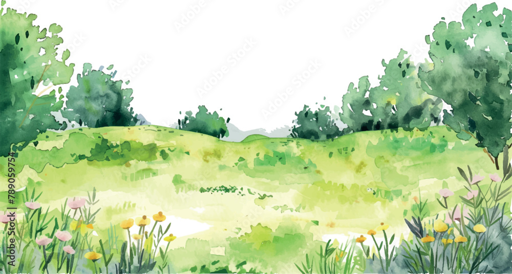 watercolor illustration background landscape with grass and trees