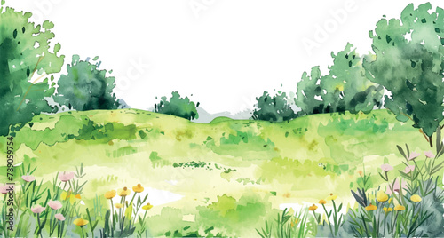 watercolor illustration background landscape with grass and trees