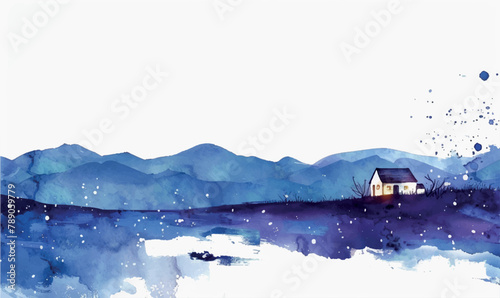 watercolor illustration background winter night landscape with house