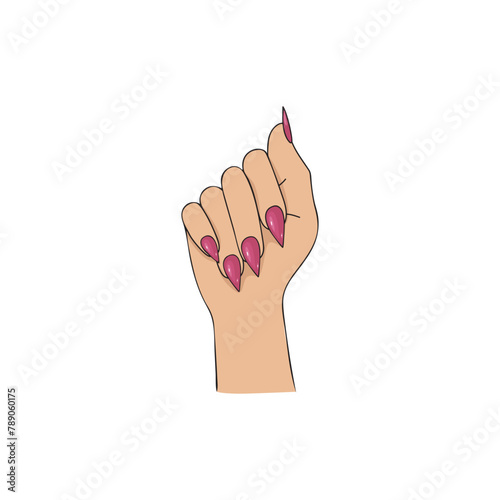 female wrist with pink nails vector. Long pink manicure with nail polish vector drawing. female hand with pink manicure pointed almond vector