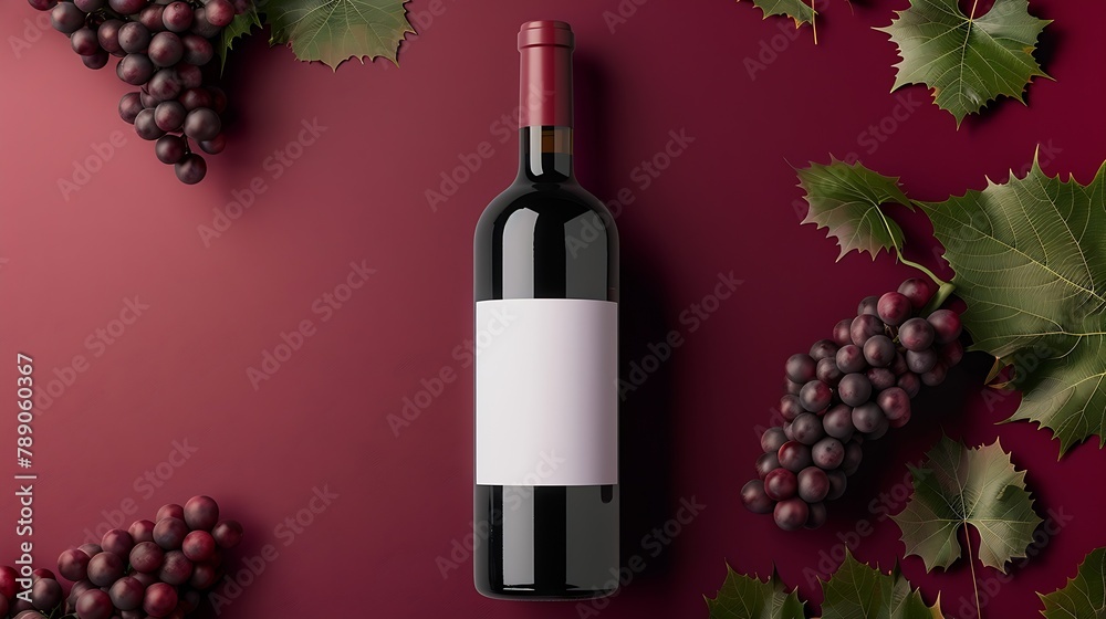 Obraz premium Red wine bottle with white label mockup with bunch of Primitivo grape green fall grapes leaves Concept wine flat lay backgroud : Generative AI