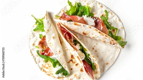 Italian street food flat lay with piadina isolated on a white background  Piadina romagnola  Italian flatbread with prosciutto salad and cream cheese : Generative AI photo