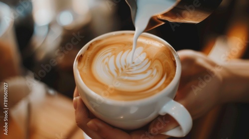 A barista expertly pouring frothy milk into a cup of espresso  creating intricate latte art that adds beauty to the morning ritual of coffee.