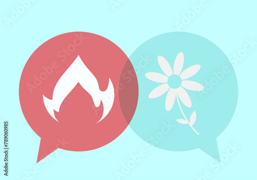 ire and Flower speech bubble sign. Problem resolve control. Metaphor mind mental. Split personality. Concept Psychology. Dual personality mind. Mental health.