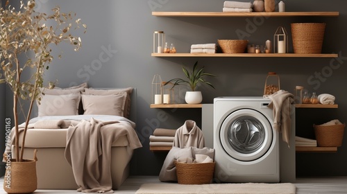Modern Laundry Room with Stylish Organization. Home Interior Concept. Home Improvement