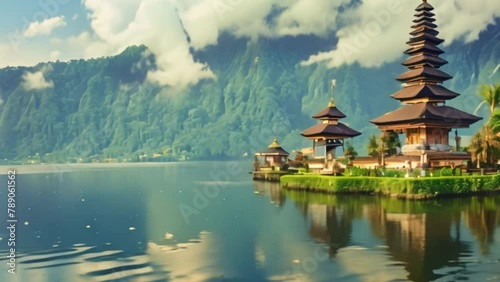 video Pura Ulun Danu temple on Beratan lake in Bali Indonesia photo