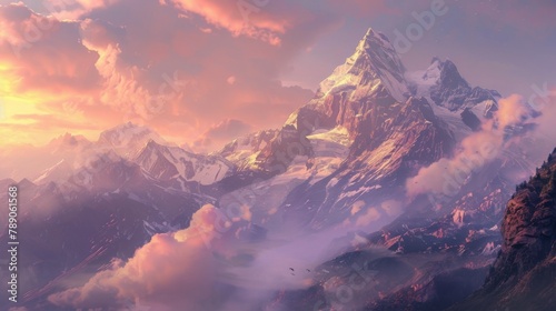 A breathtaking view of towering peaks bathed in the warm glow of sunrise, painting the sky with hues of pink and gold, a magical mountain vista. photo