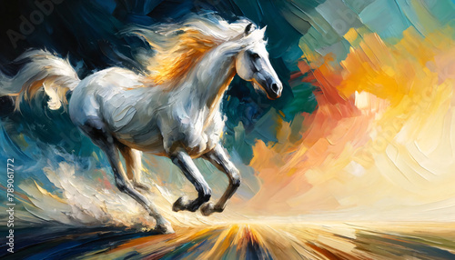 a white horse in motion in the style of impasto