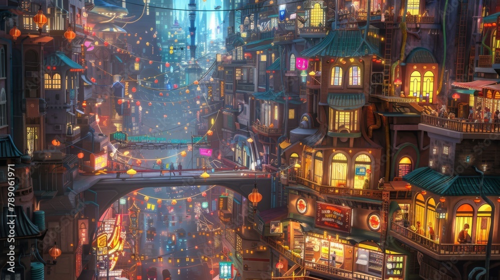 A bustling street in a metropolis adorned with colorful storefronts and glowing streetlights, pulsating with the rhythm of city life. A bustling street in a metropolis adorned with colorful storefronts and glowing streetlights, pulsating with the rhythm of city life.