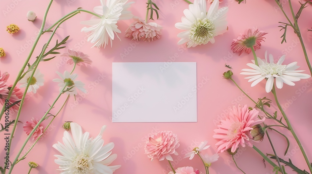 Beautiful fresh flower flat lay with blank invitation card on blush background : Generative AI