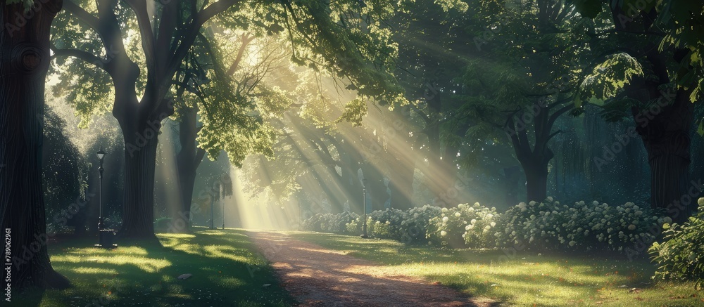Fototapeta premium Sunlight streaming into the lovely park