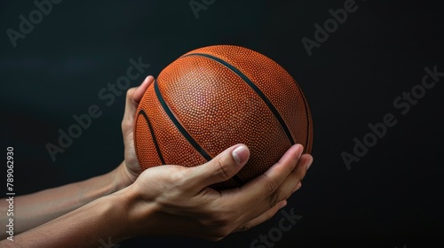 Basketball ball in hands against black background