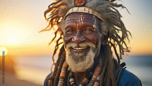 An old black man with a very happy expression, white hair, white beard, on a tropical beach