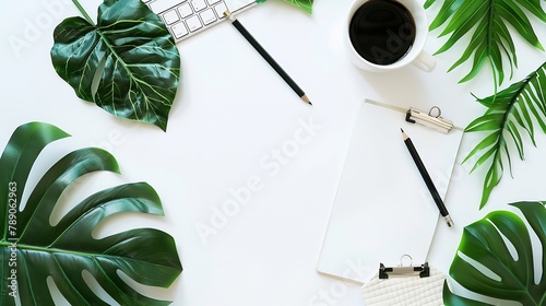 Flat lay top view office table desk Workspace with blank clip board keyboard office supplies pencil green leaf and coffee cup on white background : Generative AI