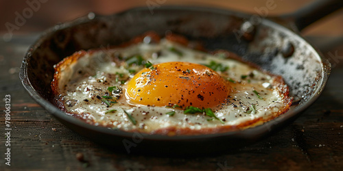 Food photography - Fried egg in pan on dark table