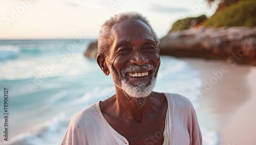Happy elderly black man with white hair and beard, enjoying a tropical beach.