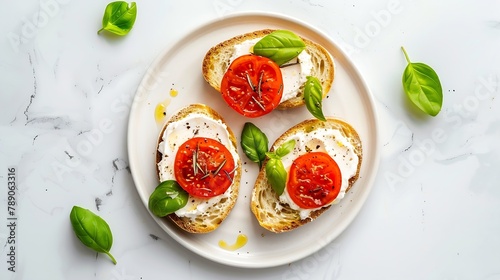 Sandwiches or toasts with tomatoes cream cheese olive oil and basil on a plate on white marble background Traditional italian mediterranean food Horizontal top view flat lay : Generative AI