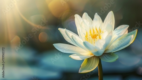 A close-up of a pristine white lotus flower unfolding its petals in the early morning light, symbolizing purity and enlightenment in Buddhist culture.