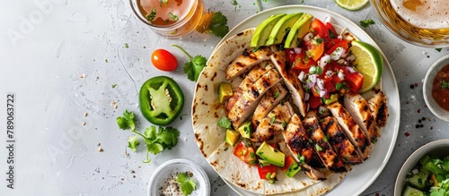 Grilled chicken, avocado, fresh salsa, and beer served on a light grey marble table with tortillas. Perfect for gluten-free and allergy-friendly eaters.