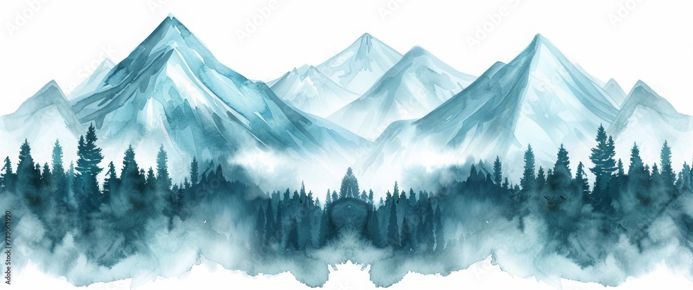 Obraz premium watercolor teal mountains, forest, snow on the peaks, white background, banner with copy space area