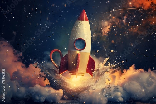 Coffee mug transformed into a rocket ship blasting off into space, symbolizing the revitalizing effect of a caffeine-infused coffee on lifting spirits and energizing the mind.