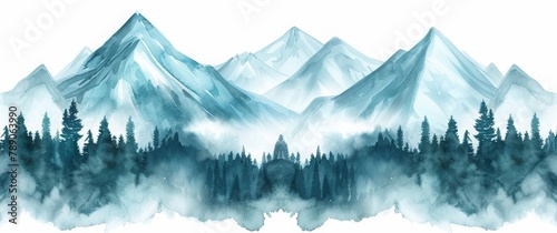 watercolor teal mountains, forest, snow on the peaks, white background, banner with copy space area