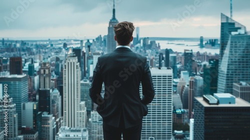A confident businessman in a suit standing tall against a city skyline, symbolizing ambition and success in the corporate world.