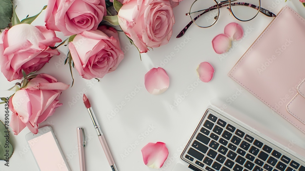 Flat lay top view office table desk frame feminine desk workspace with laptop clutch cosmetics phone sunglasses lipstick rose buds on white background : Generative AI Flat lay top view office table desk frame feminine desk workspace with laptop clutch cosmetics phone sunglasses lipstick rose buds on white background : Generative AI
