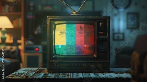 Vintage TV with signal failure. An old-fashioned television set displaying a colorful test card in a nostalgic room, evoking retro technology themes.