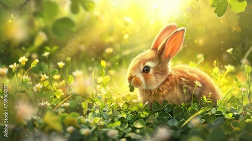 A cute bunny nibbling on fresh clover amidst a sun-dappled meadow  showcasing the peaceful and idyllic lifestyle of rabbits in the wild.