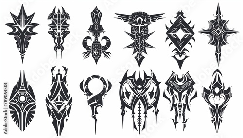Tribal tattoo designs set. A collection of symmetrical black ink tribal patterns suitable for tattoos, decals, or graphic design. photo