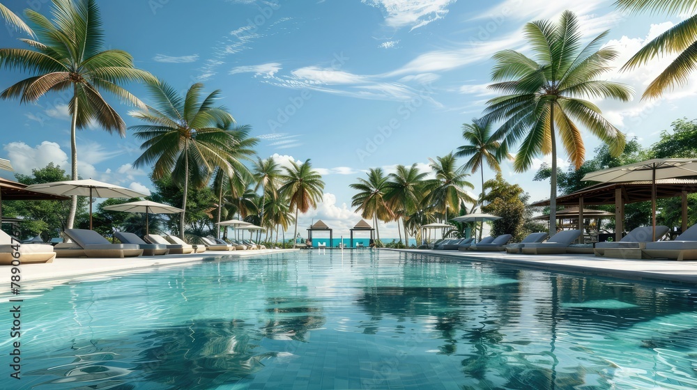 Luxurious swimming pool at a tropical resort with palm trees, sun loungers and clear blue sky.