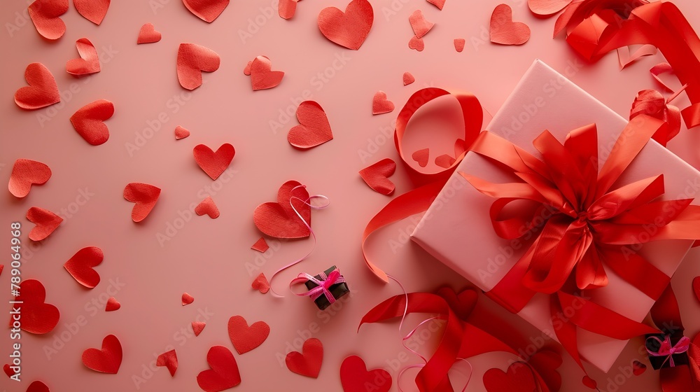Heap of paper red hearts and gift box with red ribbon on pink table top view Surprise for Valentine day Flat lay style : Generative AI